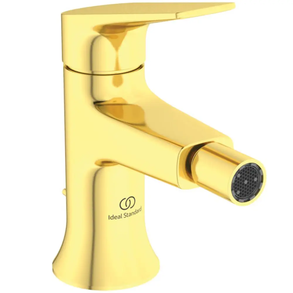 Bidetarmatur in Gold-Optik von Ideal Standard mit flachem Hebel und runder Auslaufdüse. Klare Linien und modernes Design.